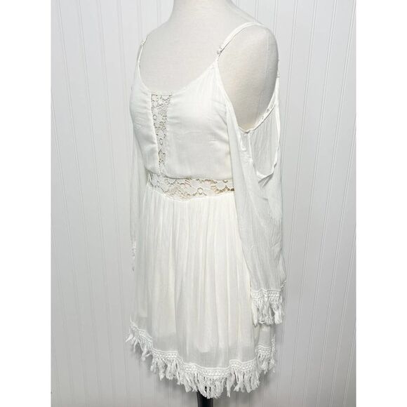 Raga Haley Dress Cold Shoulder Sheer Lace Frayed Mini Gypsy White Cutout Small - Picture 13 of 16